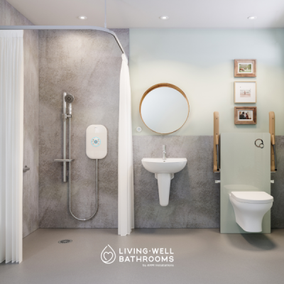 Accessible wet room with level-access shower and safety flooring
