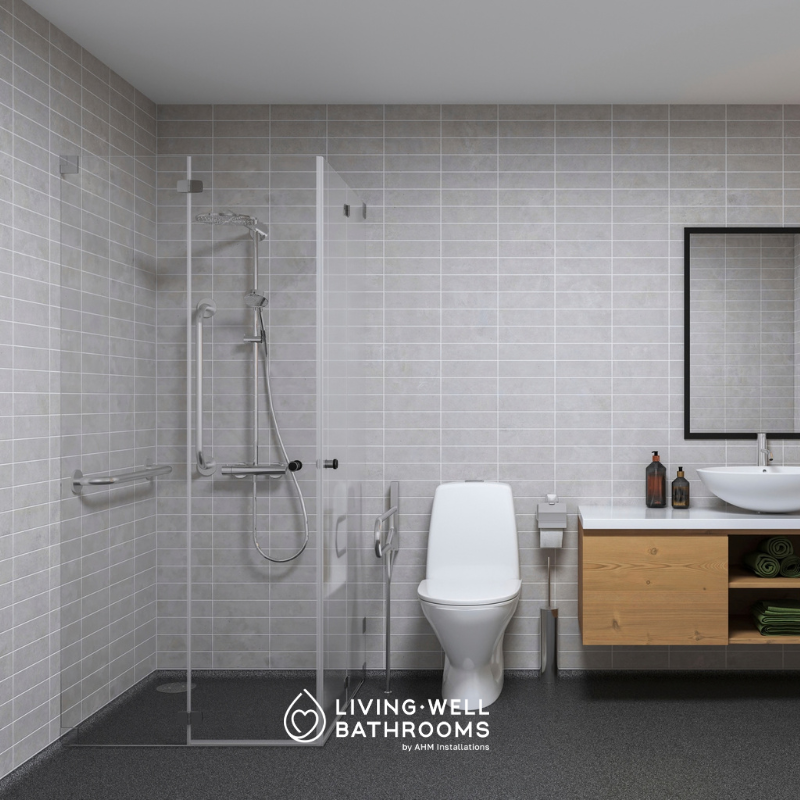 Level-access wet room with slip-resistant safety flooring and grab rails