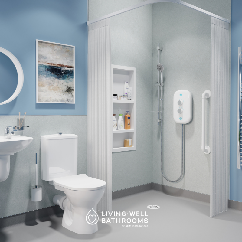 Accessible wet room with level-access shower, grab rail and safety flooring