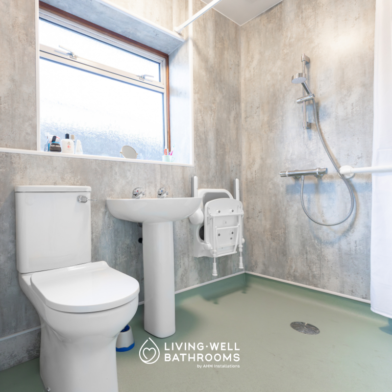 Accessible wet room with safety flooring, shower seat and level-access shower