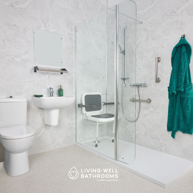 Accessible walk-in shower with shower seat, grab rails and low-level access