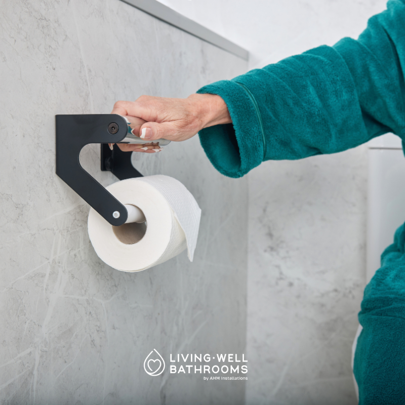 Accessible toilet roll holder with support rail in an adapted bathroom