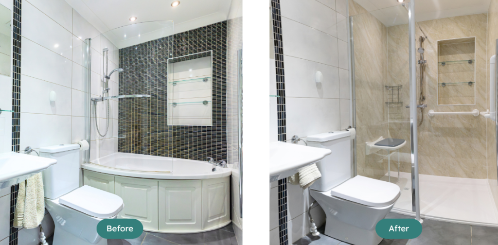 Before and after bath to accessible walk-in shower conversion