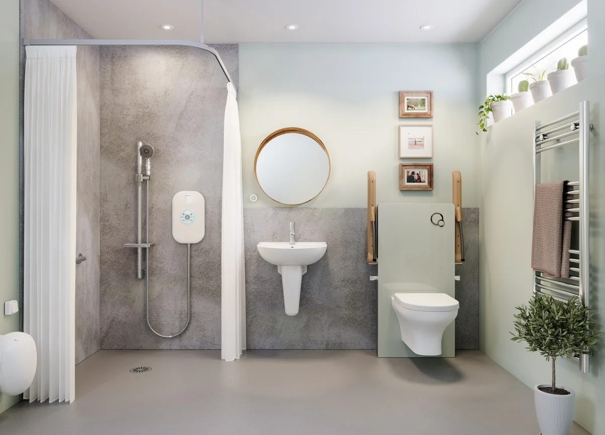 Accessible wet room with a level-access shower, curtain, wall-mounted basin and toilet with support rails