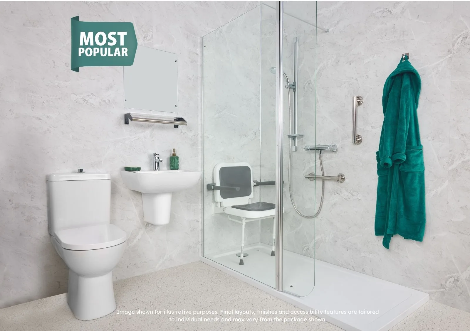 Complete Care walk-in shower showing fold-down seat, grab rails, low-level tray and glass screen