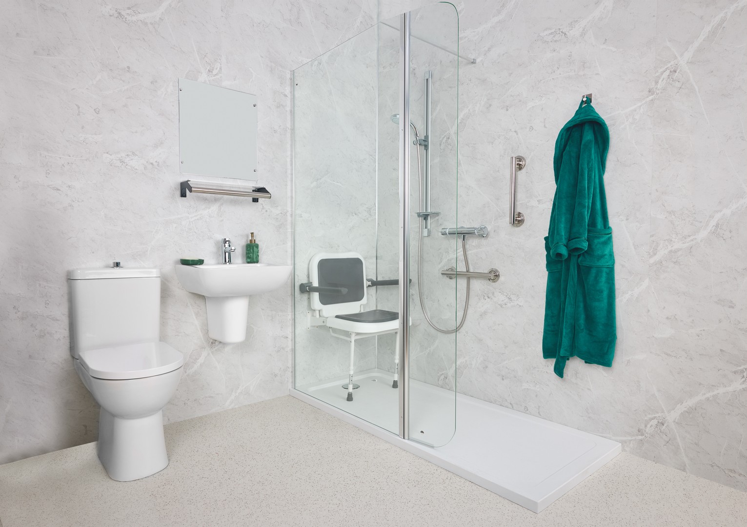 Complete Care walk-in shower package with premium fold-down shower seat, grab rails and easy-access shower tray.