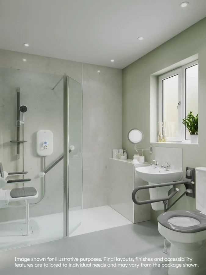Close-up of a grab rail included with the Essential Care walk-in shower package