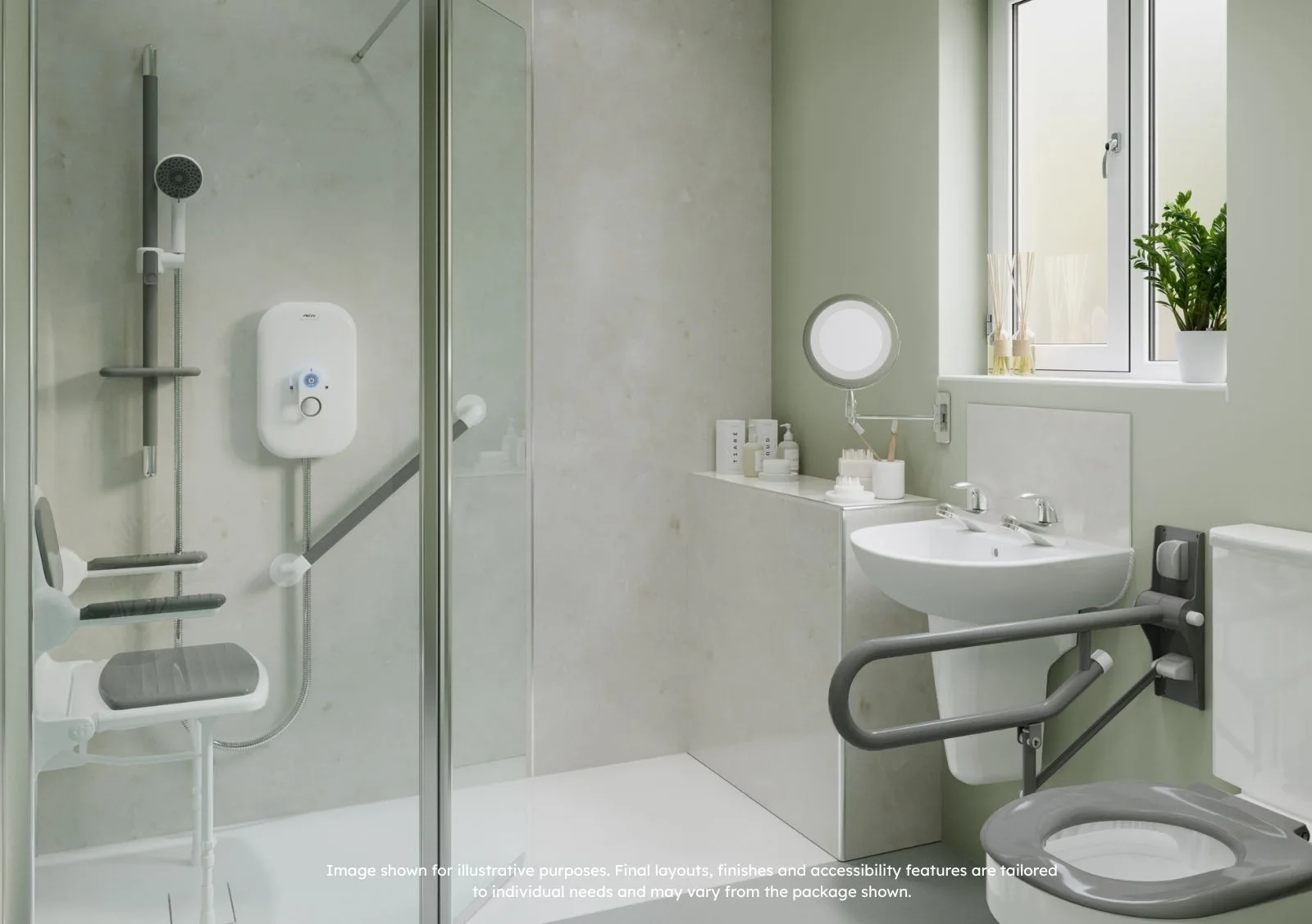 Essential Care accessible bathroom with low-level walk-in shower, fold-down seat and grab rails